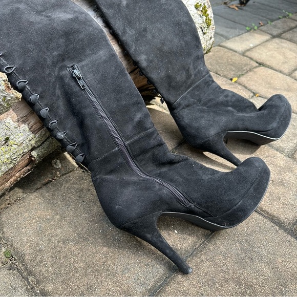 Stuart Weitzman Suede Over the Knee Button Back Platform Boots - Picture 2 of 8